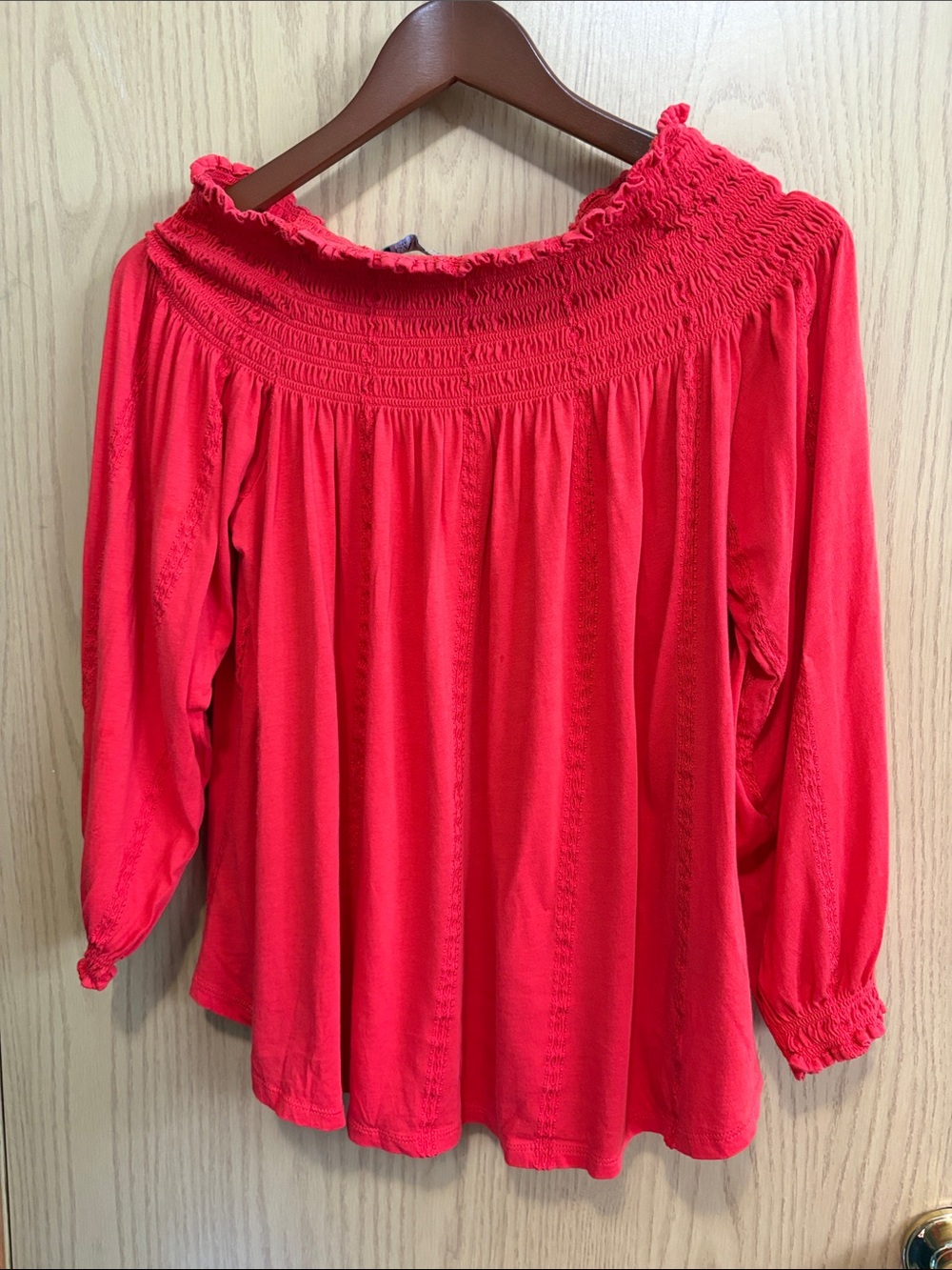 Lauren Ralph Lauren Red Off-Shoulder Smocked Blouse